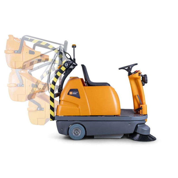 TASKI balimat 6500 HD RTU, Batteriebetriebene robuste Aufsitz-Kehrsaugmaschine mit Hochentlehrung für großen Flächen, inkl. 2 Stück Walzenbürsten, 1 Stück Seitenbesen, 4 Stück Batterien 180 Ah und Ladegerät | Packung (1 Stück)