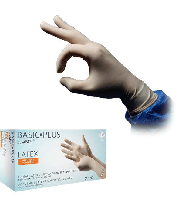 AMPri BASIC-PLUS Latexhandschuhe gepudert, weiß | Box (100 Stück)