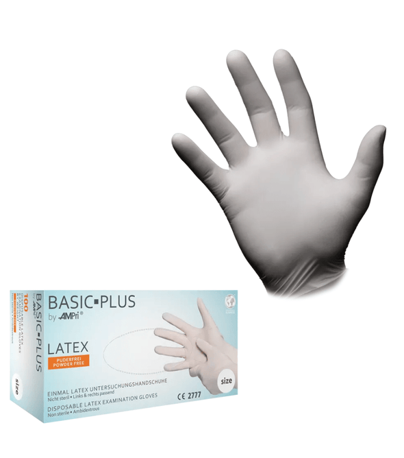 AMPri BASIC-PLUS Latexhandschuhe puderfrei, weiß | Box (100 Stück)