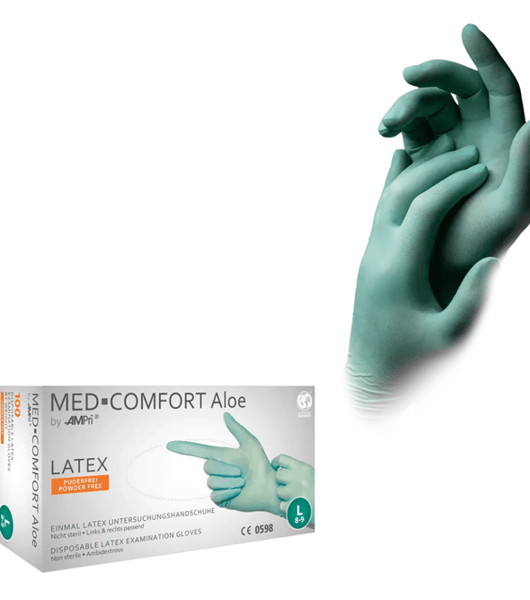 AMPri MED-COMFORT Aloe Latexhandschuhe puderfrei, mintgrün | Box (100 Stück)