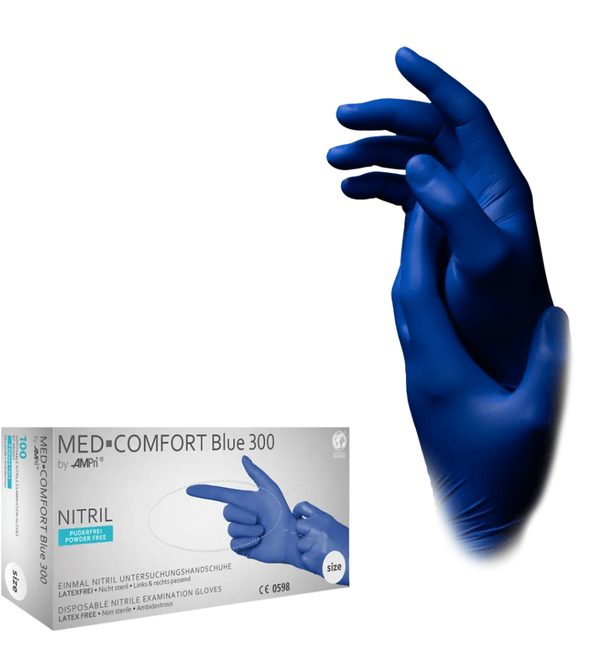AMPri MED-COMFORT BLUE 300 Nitrilhandschuhe extra Lang puderfrei, blau | Box (100 Stück)
