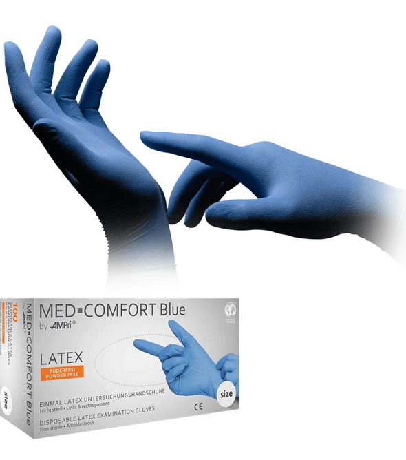 AMPri MED-COMFORT BLUE Latexhandschuhe puderfrei, blau | Box (100 Stück)