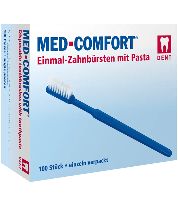 AMPri MED-COMFORT Dental PS Einmal Zahnbürste mit Zahnpasta, verschiedene Farben | Box (100 Stück)