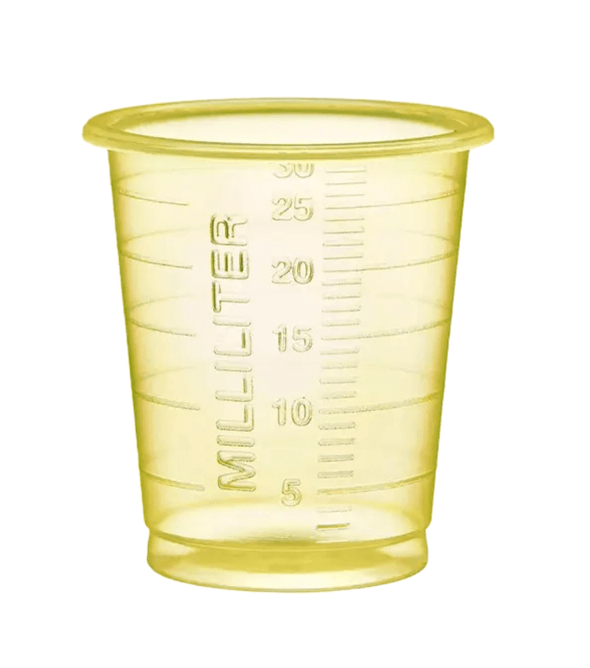 AMPri MED-COMFORT PP Eco Einmal Medizinbecher 30 ml graduiert, verschiedene Farben | Karton (60 Beutel)