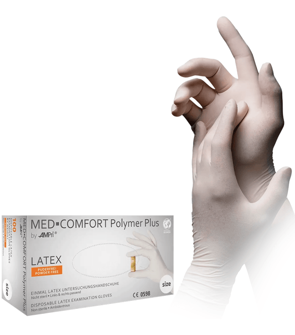 AMPri MED-COMFORT Polymer Plus Latexhandschuhe puderfrei, weiß | Box (100 Stück)