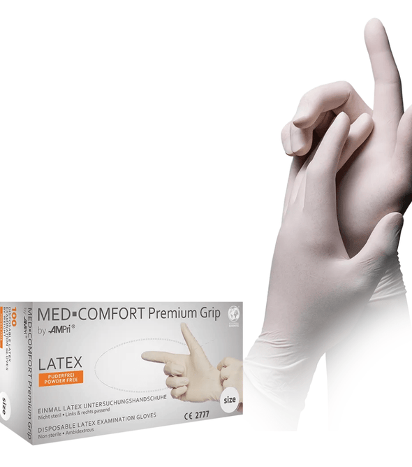 AMPri MED-COMFORT Premium Grip Latexhandschuhe, weiß | Box (100 Stück)