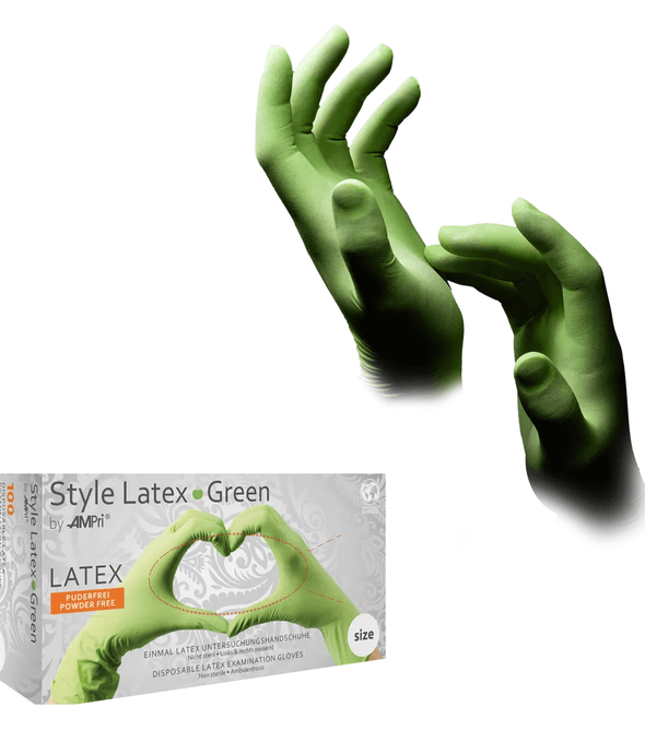 AMPri STYLE GREEN Latexhandschuhe puderfrei by MED-COMFORT, Grün | Box (100 Stück)
