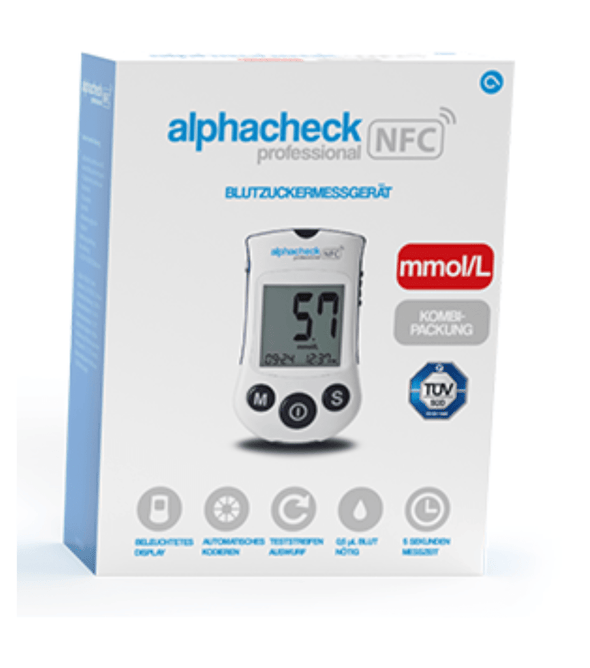 Alphacheck Professional NFC Blutzuckermessgerät Kombipackung | Packung (1 Stück)