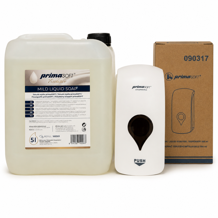 Set Flüssigseifenspender 500/1000 ml inkl. primaSOFT Exclusive Aloe Vera Flüssigseife 5 Liter